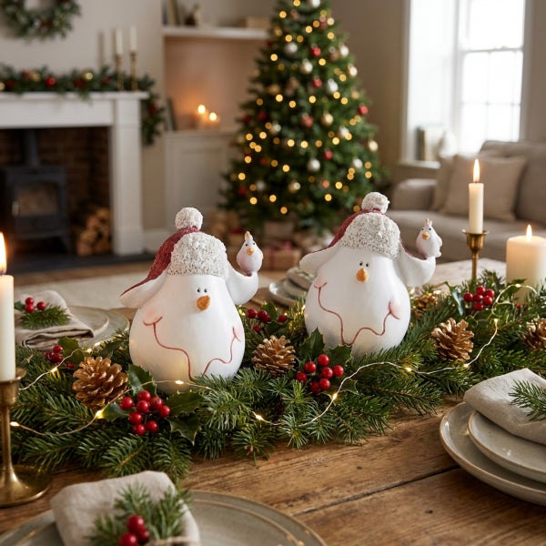 Zwei dekorative Schneemannfiguren mit Mütze als Tischdekoration, arrangiert auf einem festlich gedeckten Holztisch mit Tannenzweigen und Kerzen.