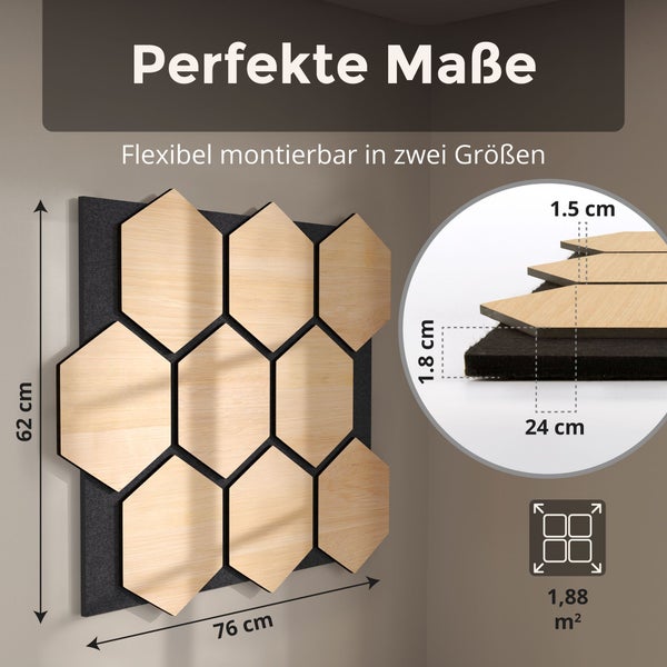 Akustikpaneel mit sechseckigen Holzdekor-Elementen auf Filz, Maße 76 mal 62 Zentimeter, Tiefe 1,8 Zentimeter, Elementbreite 24 Zentimeter.