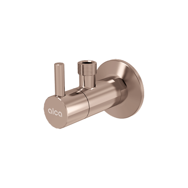 Alca Eckventil in Kupfer-Optik mit runder Rosette und Hebelgriff.