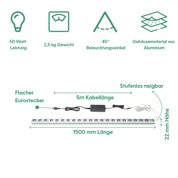 Produktdiagramm mit Leistungsangabe 50 Watt, Gewicht 2,5 Kilogramm, Beleuchtungswinkel 45 Grad, Gehäusematerial aus Aluminium, flachem Eurostecker, Kabellänge 5 Meter, Länge 1500 Millimeter, Höhe 22 Millimeter, stufenlos neigbar