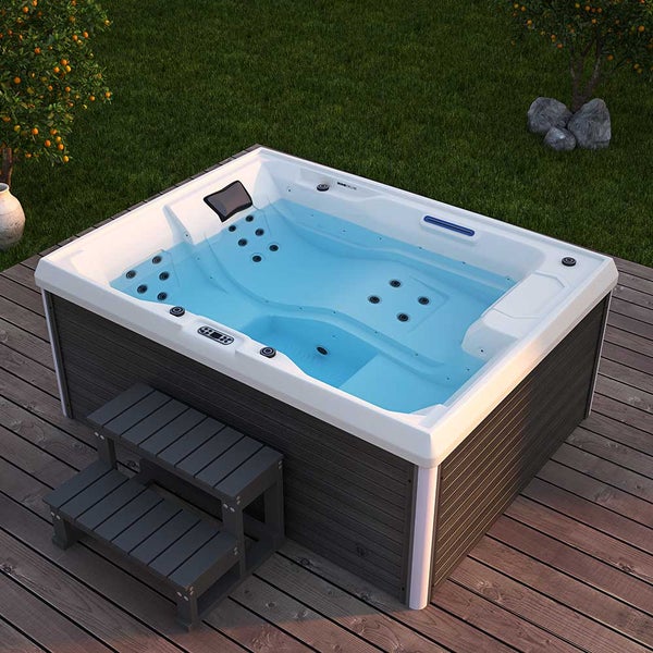 Home Deluxe - Outdoor Whirlpool - STREAM PLUS Treppe und Thermoabdeckung - Maße: 211 x 157 x 75 cm - Inkl. Heizung, 24 Massagedüsen und 4 äußeren Lichtquellen I Außen Whirlpool Spa für 3 Personen