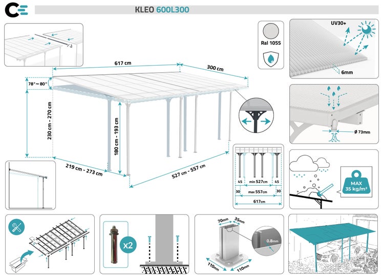 Angebaute Pergola/Carport 18m² KLEO 600L300 Aluminium Weiß