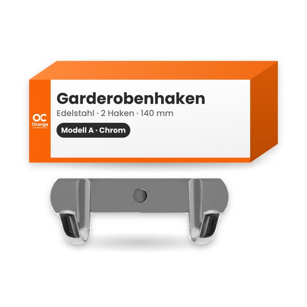 Edelstahl Garderobenhaken mit zwei Haken, 140 Millimeter lang, Modell A, inklusive Orange Commerce Logo.