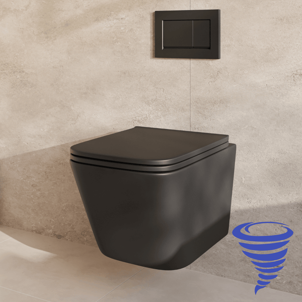 Wandhänge WC in mattem Design mit passender Betätigungsplatte vor einer gefliesten Wand
