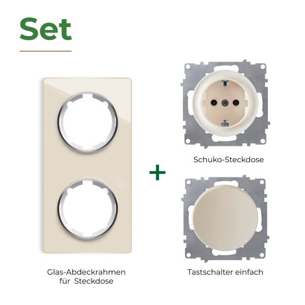 Set bestehend aus doppeltem Glas-Abdeckrahmen, Schuko-Steckdose und einfachem Tastschalter für die Unterputz-Installation