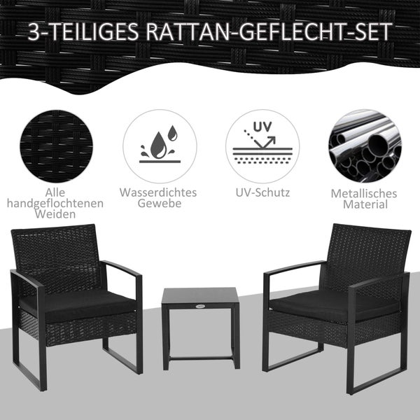 Outsunny 3-tlg. Gartenmöbel-Set, 63L x 57B x 76H cm, PE Polyrattan, Metall, Polyester, schwarz