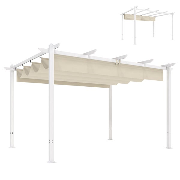 Freistehende weiße Pergola mit ausziehbarem Sonnendach in Beige aus Textilgewebe.