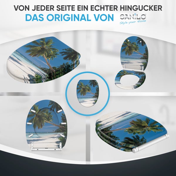 Sanilo WC Sitz mit Palmenstrand Motiv in verschiedenen Ansichten gezeigt als Toilettendeckel