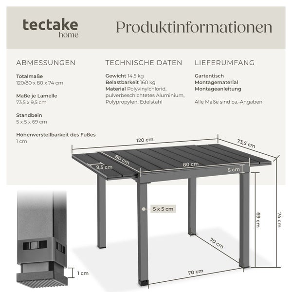 Maßblatt für Tectake Home Gartentisch mit technischen Daten zu Abmessungen und Materialien.