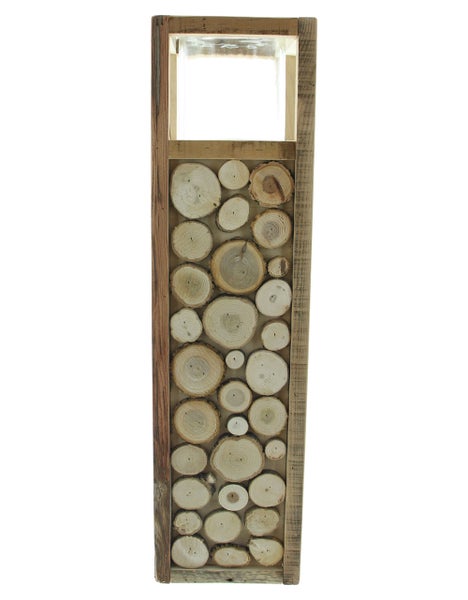 FRANK FLECHTWAREN | Windlichtsäule Holzscheibchen, HOLZ, GLAS, 16 x 16 x 58 cm, Glas Ø 12 x 12 cm