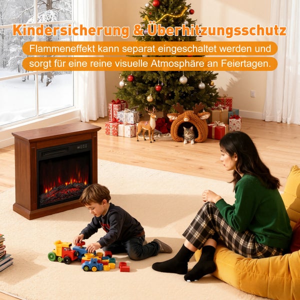 Wohnzimmer mit Elektrokamin, Kindersicherung und Überhitzungsschutz für eine sichere und gemütliche Atmosphäre.