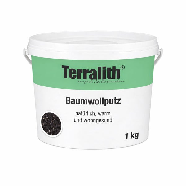 Terralith Baumwollputz im 1 Kilogramm Eimer, natürliche dunkle Wandbeschichtung für ein gesundes Wohnklima.