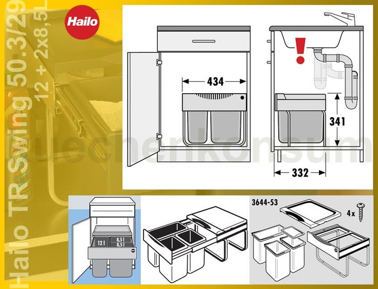 Hailo Logo, technische Zeichnung des TR Swing Abfalltrennsystems für Unterschränke, Maße 434 mal 332 mal 341 Millimeter, 12 und zweimal 8,5 Liter.