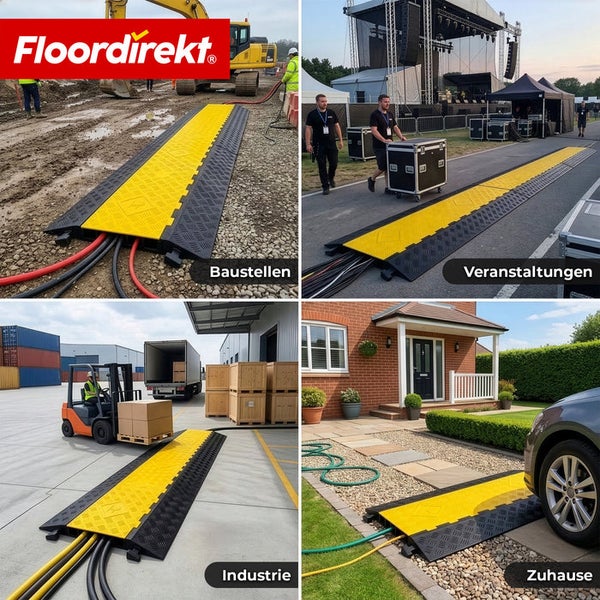 Floordirekt Logo. Gummikabelbrücke auf Baustellen, bei Veranstaltungen, in der Industrie und zu Hause zum Schutz von Leitungen und Schläuchen.