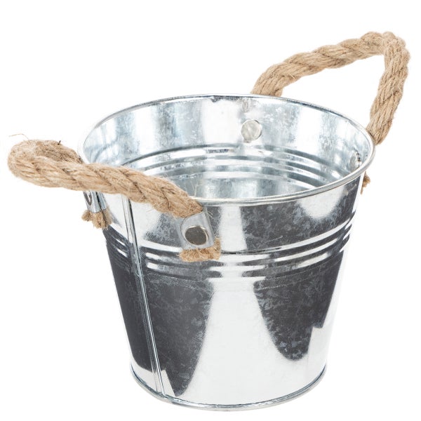 Verzinkter Metalleimer mit zwei Seilgriffen, dekorativer Übertopf für Zimmerpflanzen und Garten.
