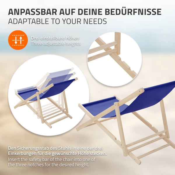 Klappbarer Liegestuhl aus Holz mit blauem Stoffbezug, Darstellung der drei einstellbaren Höhen mittels Einkerbungen im Holzrahmen.