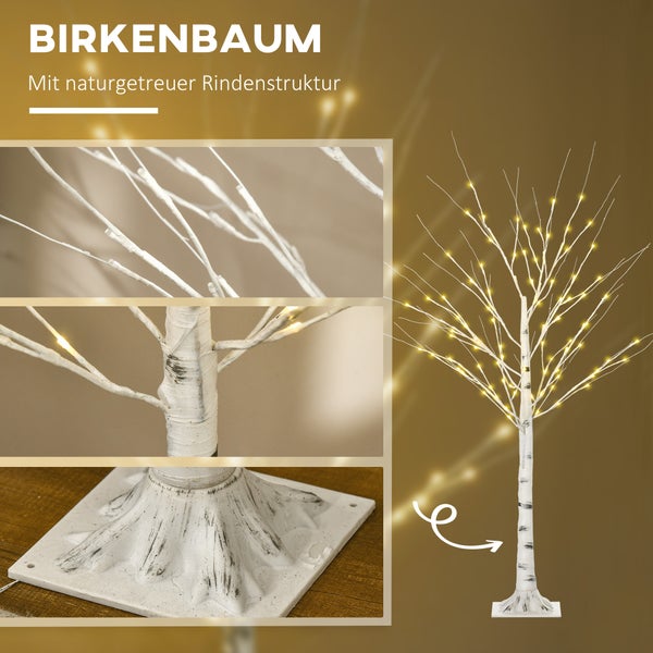 HOMCOM 150 cm Kunstbaum, Birkenbaum mit LED, Weihnachtsbaum Birken, Weihnachtsdeko Kunstbirke für Party, Geburtstag, Hochzeit