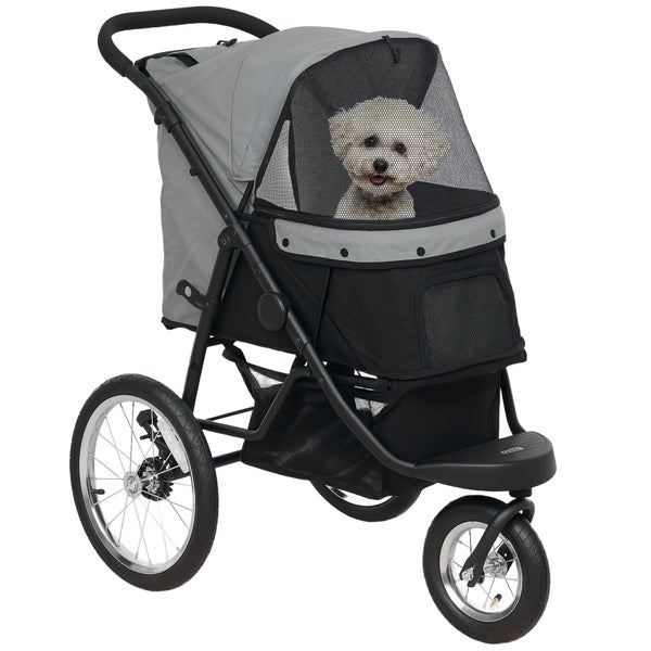 PawHut Hundewagen Jogger Hundebuggy klappbar für kleine Hunde & Katzen bis 10 kg Katzenbuggy mit 3 große Gummiräder, Kissen Netzfenstern Aufbewahrungskorb Katzenwagen mit Sicherheitsleinen, Grau