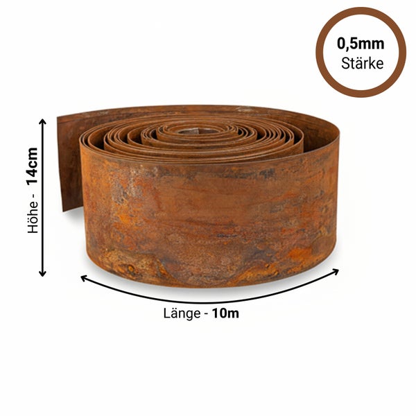 Rasenkante aus Cortenstahl auf Rolle, Höhe 14 Zentimeter, Länge 10 Meter, Materialstärke 0,5 Millimeter.
