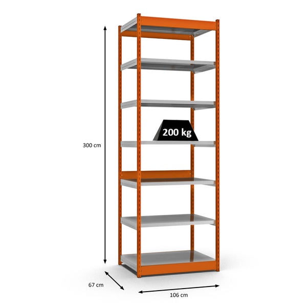 PROREGAL Fachbodenregal Stecksystem Vierkant-Profil Grundregal HxBxT 300 x 102,5 x 60 cm 7 Ebenen Einseitige Bauart Fachlast 200 kg Orange