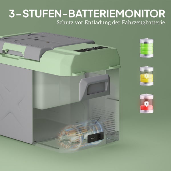 Outsunny 24,2 Liter Kompressor Kühlbox elektrische Kühlbox mit LED ECO-Modus Kühlfunktion leise Gefrierbox Thermobox Mini Kühlschrank 12/220 Volt für Auto Steckdose LKW Camping Boot Grau+Grün