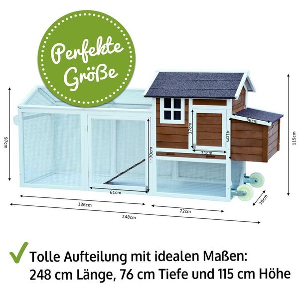 Hühnerstall aus braunem Holz und weißem Metall mit Auslauf, 248 Zentimeter Länge, 115 Zentimeter Höhe, 76 Zentimeter Tiefe, Symbol perfekte Größe.