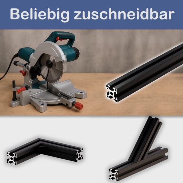 Gehrungssäge neben Aluminiumprofilen, die zugeschnitten werden können.