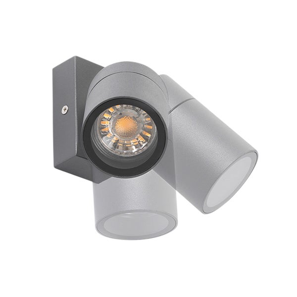 Schwenkbarer LED-Wandstrahler für den Außenbereich aus grauem Metall.