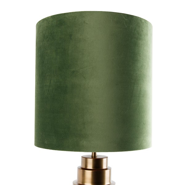 Tischleuchte mit grünem Stoffschirm und goldenem Sockel