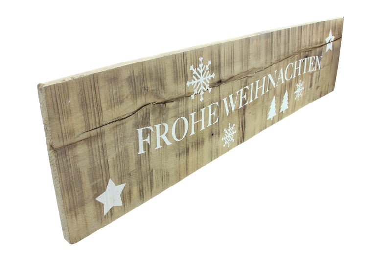 Holzschild mit der Aufschrift Frohe Weihnachten