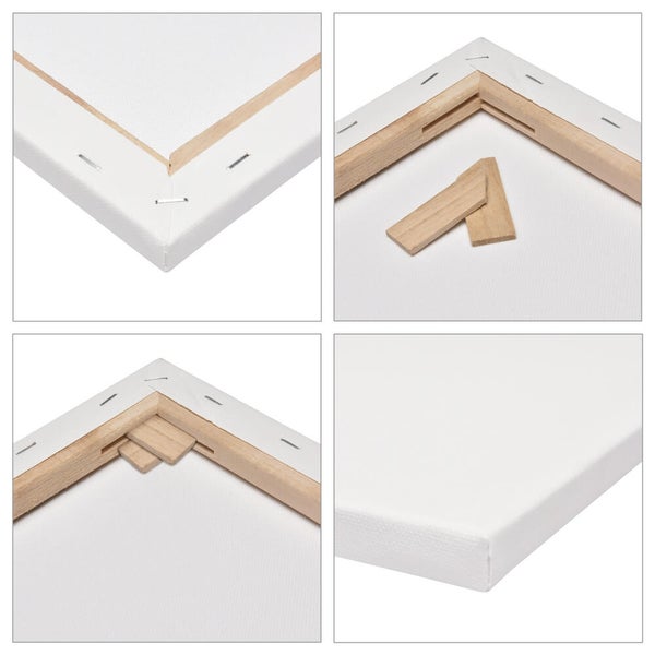 Detailansichten einer Keilrahmenleinwand mit Holzrahmen und Spannkeilen.