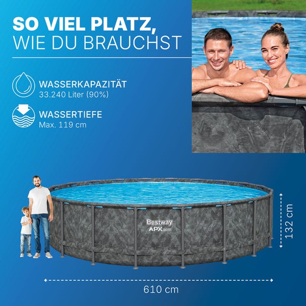 Rundes Bestway APX365 Schwimmbecken mit einer Kapazität von 33240 Litern und einer maximalen Wassertiefe von 119 Zentimetern, mit den Maßen 610 x 132 Zentimeter.