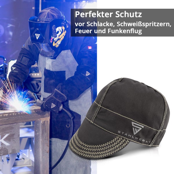 Schweißer mit Schutzkleidung und eine Schweißerkappe von Stahlwerk