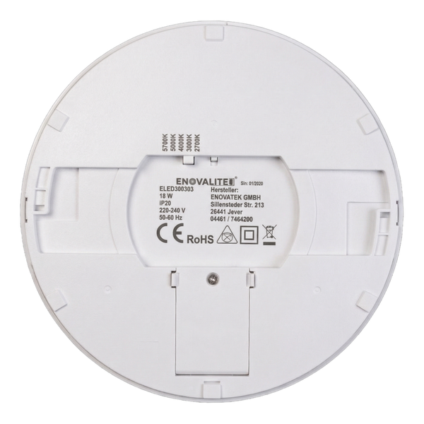 Rückansicht einer runden LED-Deckenleuchte mit technischem Label und einstellbarer Farbtemperatur von 2700 bis 5700 Kelvin.