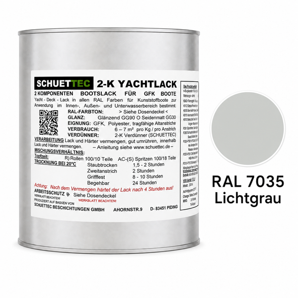 Schuettec 2 Komponenten Yachtlack RAL 7035 Lichtgrau in einer Metalldose für GFK Boote zur Verwendung im Innen Außen und Unterwasserbereich
