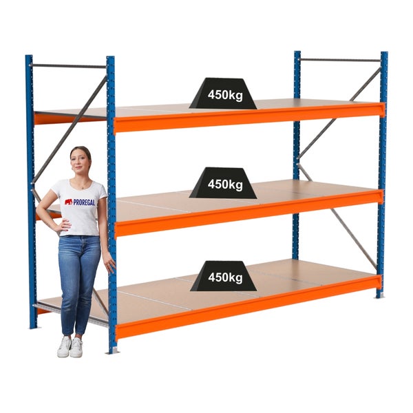 Lagerregal mit drei Ebenen und einer Traglast von 450 kg pro Ebene, neben einer Frau