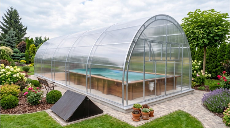 Großes Schwimmbecken mit Holzverkleidung unter einer gewölbten Poolüberdachung aus Polycarbonat in einem gepflegten Garten.