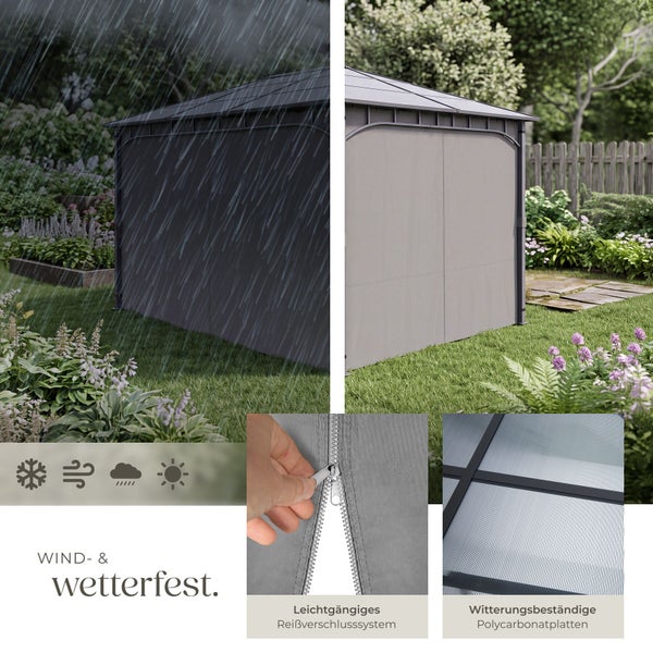 Wetterfester Gartenpavillon mit Seitenteilen und Reißverschluss sowie robustem Dach aus Polycarbonatplatten für den ganzjährigen Außeneinsatz.