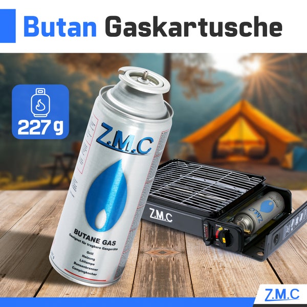 ZMC 16x Butan Gaskartuschen 227g mit Ventil Typ MSF-1a, Universal Butangas Kartuschen mit Bajonett Anschluss Gaskartusche für Campingkocher, Gasheizung, Gasbrenner, Unkrautbrenner, Lötbrenner