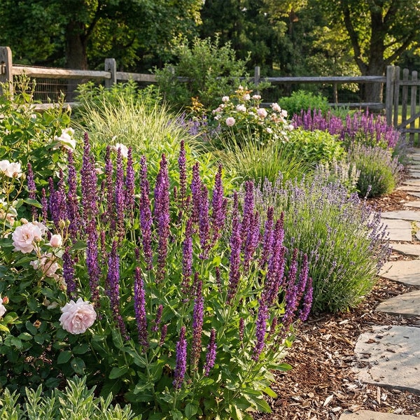 Hell gestalteter Garten mit violettem Salbei, rosa Rosen und Lavendel an einem Steinweg mit Mulch und Holzzaun.