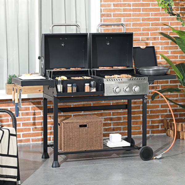 Outsunny Gasgrill mit 2+1 Brenner, 3kW BBQ Holzkohlgrill mit Regal, Grillwagen, 161L x 53B x 101H cm, Verzinkter Stahl, Edelstahl, Schwarz