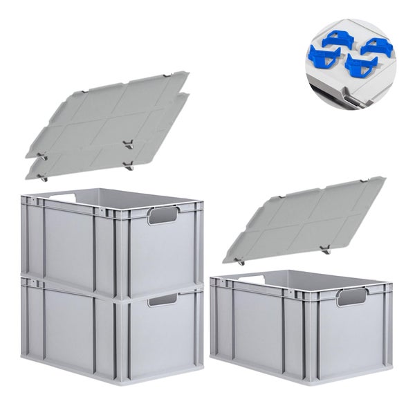 PROREGAL Spar Set 3x Eurobox Nextgen Economy Mit Auflagedeckel & 4x Schiebeschnappverschlüsse Blau Griffe Offen HxBxT 32 x 40 x 60 cm 65 Liter