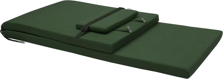 Grüne Gartenliege-Auflage mit Kopfpolster und Halteband.