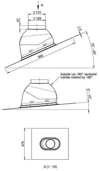 Technische Zeichnung einer Dachdurchführung mit Maßangaben in Millimetern und Winkeleinstellungen von 5 bis 45 Grad.