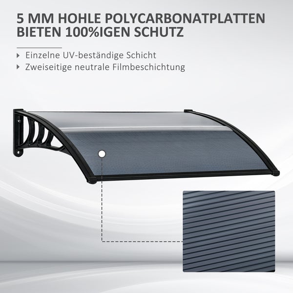Outsunny Vordach für Haustür 100 x 75 cm Pultbogenvordach Überdachung aus Aluminium und Polycarbonat Pultvordach mit UV Schutz Haustürvordach für Balkon, Sonnenschutz, Regenschutz, Schwarz