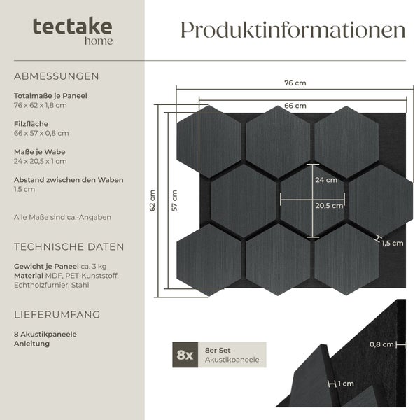 tectake home Logo. Produktinformationen für 8 Akustikpaneele mit Maßen der Sechsecke, Filz und technischen Daten aus MDF und PET.