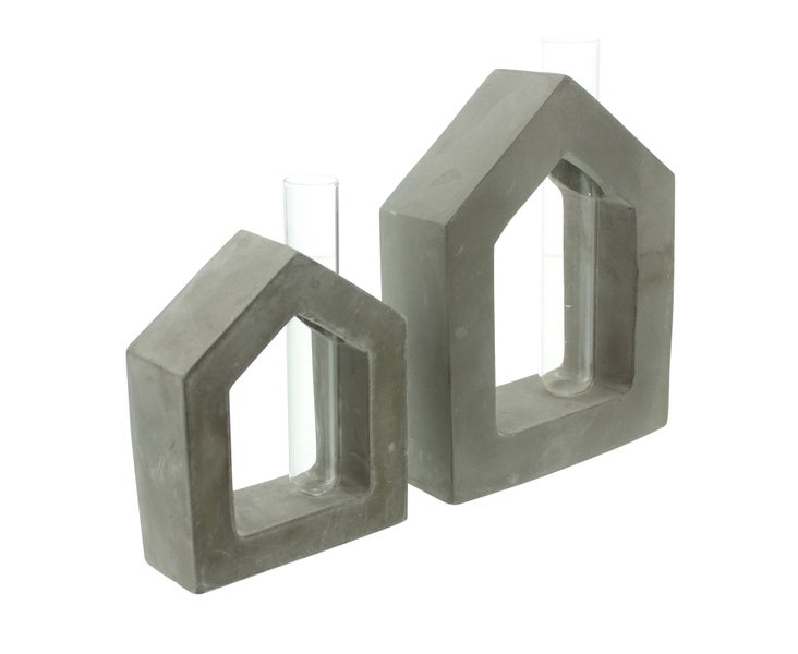 FRANK FLECHTWAREN | Haus mit Vase, 2er Set, STEIN, GLAS, 9 x 3 x 12 cm, GH 14 cm, 12 x 4 x 16 cm, GH 17 cm