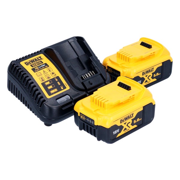 DeWalt Akku Starter Set bestehend aus einem Ladegerät und zwei 18 Volt Lithium Ionen Akkus mit 5 Amperestunden Kapazität