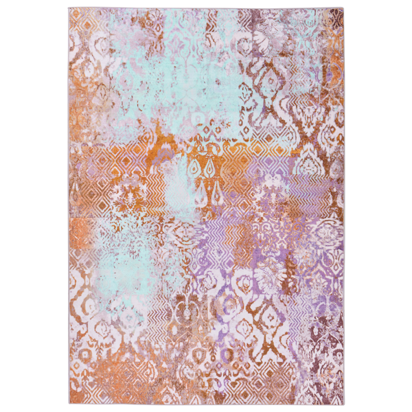 Rechteckiger Teppich mit orientalischem Vintage-Muster in Violett, Orange und Türkis, Kurzflor.