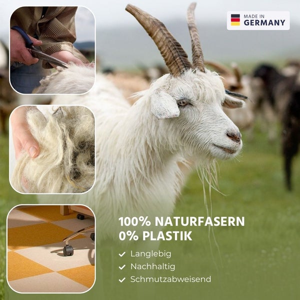 Ziege auf einer Weide, Wollgewinnung und Teppich aus 100 Prozent Naturfasern. Langlebig, nachhaltig, schmutzabweisend, hergestellt in Deutschland.